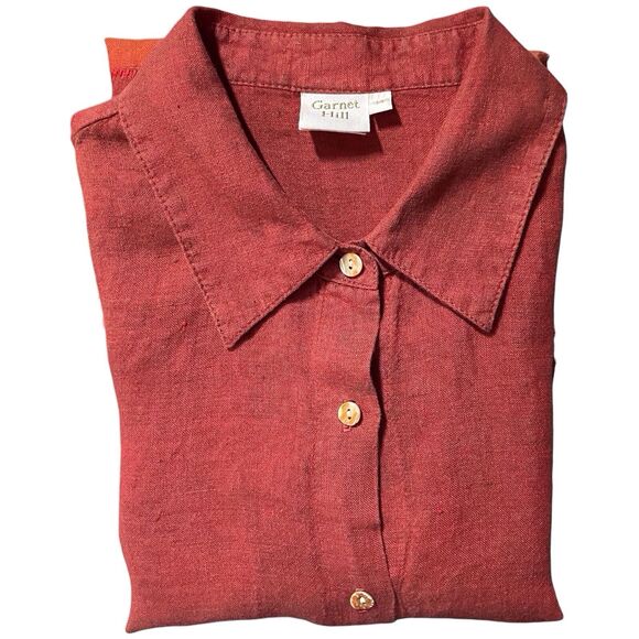 Garnet Hill Linen Blouse 14 Terracotta Red Orange Stripes Fringe Hem - Picture 16 of 16